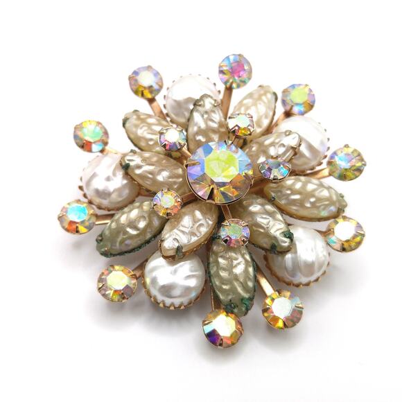 Vintage Lava Iridescent Glass Brooch, Aurora Borealis Rhinestones, 1950s - Picture 1 of 8